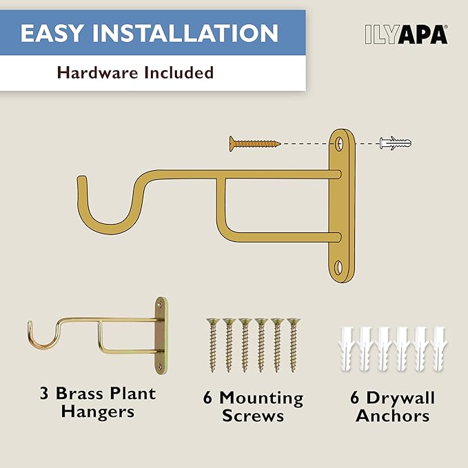 Ilyapa 3 Pack Metal Wall Plant Hangers - 7 Inch Plant Hanger for Indoor - Rustic Brass Finish Hooks for Hanging Plants, Baskets, and Macrame - Indoor Hangers for Plants, Lanterns or Wind Chimes Ilyapa