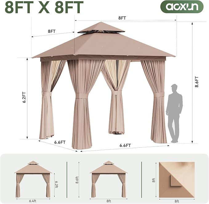 AOXUN Outdoor Gazebo for Patio 8x8 Metal Frame Canopy with Double Roofs Heavy Duty Party Tent and Shelter with Mosquito Netting and Privacy Screen for Backyard, Lawn, Garden, Deck (Khaki) Aoxun