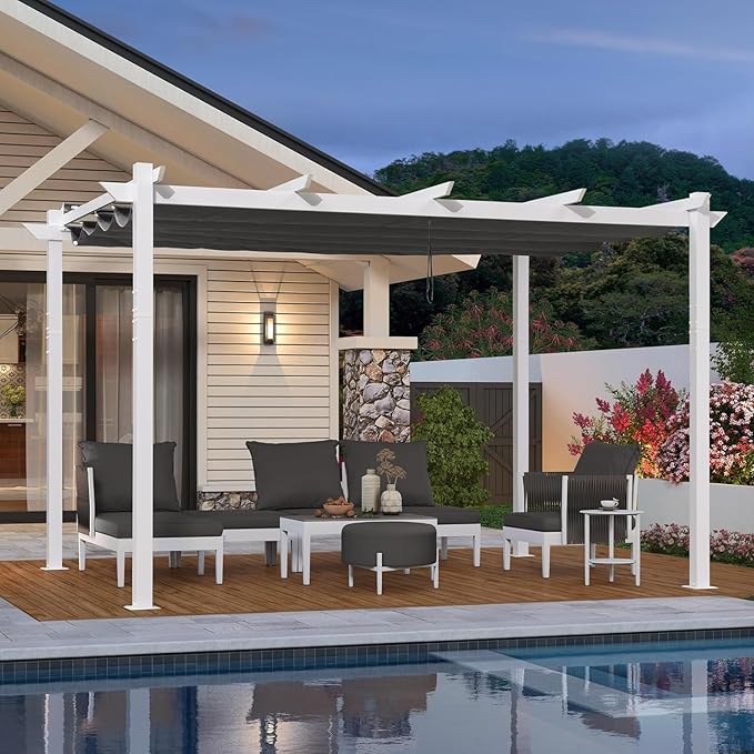 PURPLE LEAF 10' x 13' Aluminum Outdoor Pergola White Wind-Resistant Retractable Pergola with Double Sun Shade Canopy Heavy-Duty Metal Pergola for Patios Backyard Deck Garden, Grey Rootora
