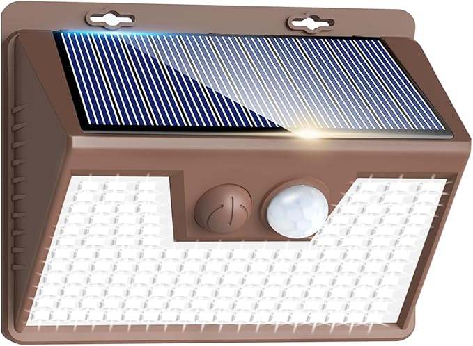 Peasur Solar Lights Outdoor Motion Sensor [1 Pack/140LED/Brown], Ultra-Bright 3 Mode Fence Security Light Waterproof, Solar Wall Lighting for Patio Yard Step House Outside Peasur