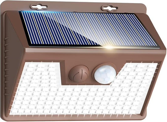 Peasur Solar Lights Outdoor Motion Sensor [1 Pack/140LED/Brown], Ultra-Bright 3 Mode Fence Security Light Waterproof, Solar Wall Lighting for Patio Yard Step House Outside Peasur