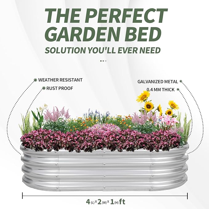 1MORE Galvanized Raised Garden Bed- Planter Garden Boxes Outdoor, Raised Beds for Gardening, 4x2x1ft Metal Garden Bed Kit for Vegetables Flower, Planter Raised Beds with Tools.Silver-2pack 1MORE