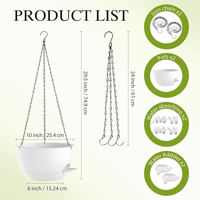 10 Inch Hanging Baskets 2 PC with Chains, Self-Watering Hanging Planters for Indoor Outdoor Plants, Plastic Hanging Flower Pots,White SQKH