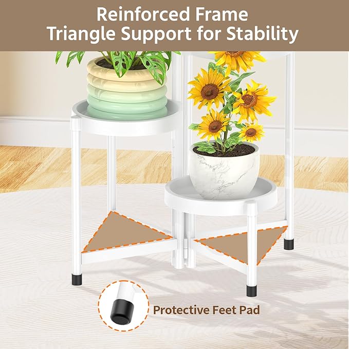 LASZOLA 4 Tiered Folding Plant Stand Indoor for Multiple Large Planter, Tall Heavy Duty Adjustable Rack with Rust Proof Plastic Shelving, Sturdy Vertical Tree Organizer for Narrow Inside Floor, White LASZOLA