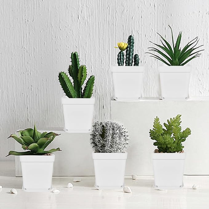 Anyumocz 24Pcs 3" Square Plastic Plant Pots,White Nursery Pots with Saucers,Seedling Nursery Transplanting Planter Container for Plants,Garden,Flower,Home,Office,Balcony Decor,Indoor,Outdoor Anyumocz