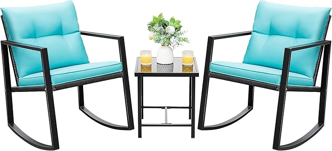 Devoko 3 Piece Rocking Bistro Set Wicker Patio Outdoor Furniture Porch Chairs Conversation Sets with Glass Coffee Table (Blue) DEVOKO