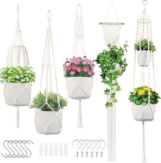 Macrame Plant Hangers, 5Pack Hanging Planters for Indoor Plants w/ 5 Set Hooks Handmade Cotton Rope Hanging Plant Holders Plant Hanger Indoor for Boho Home Decor (Planter Pot Not Included) TAOZIM