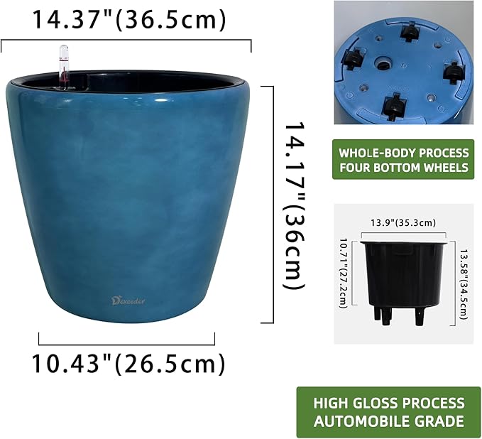 Dexceder 15x14 Self Watering Planter with Wheels Indoor Outdoor, Inner Pot Design, Thickened Large Floor Standing Flower Plant Pot with Water Level Indicator (Peacock Blue Gradient) Dexceder