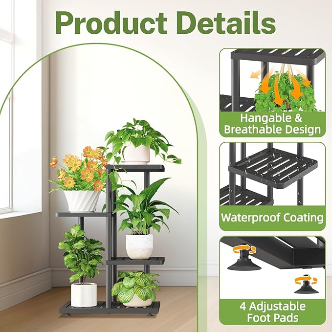 iDavosic.ly Plant Stand Indoor Outdoor, 3-Tier Tall Metal Flower Shelf for Heavy-Duty Large Planters, Corner Orchid Display Rack for Living Room Balcony Patio Porch, Space Saving, Modern Black iDavosicly