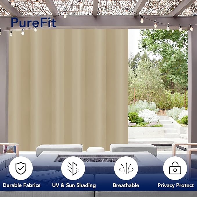 PureFit Outdoor Curtains for Patio Waterproof Weatherproof, UV Resistant Outside Curtains for Gazebo, Front Porch, Pergola, Sun Blocking Privacy Curtain, 100W x 84L inch, 1 Panel, Beige PureFit