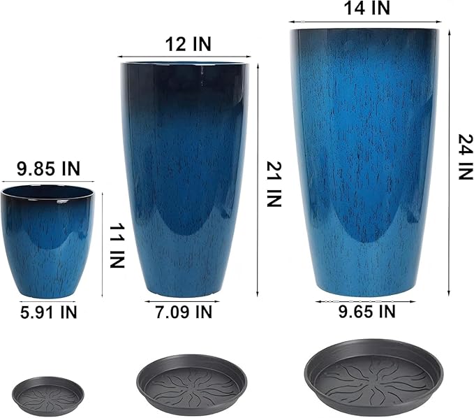24,21,11 Inch Large Plastic Planters with Drainage Hole and Saucer - Set of 3 Tall Plant Pots Indoor Flower Pot Tall Round Planters Outdoor Large Tall Planter MinCHI257