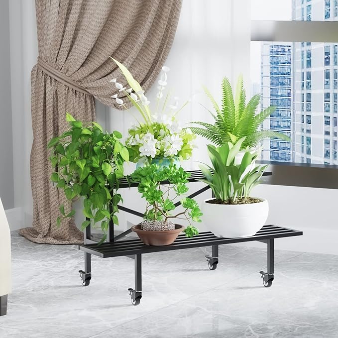 Zhongma 2 Tier Sturdy Metal Plant Stand with Wheels Heavy Duty Plant Holder for Home Indoor and Outdoor,L45.67 x W17.5 x H16.14 inch,440 LBS Capacity & Heavy Duty Construction Zhongma