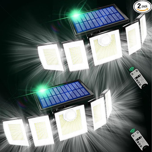 Solar Lights Outdoor Waterproof Motion Sensor - 416 LEDs 3000 Lumens Super Bright 3 Brightness 3 Modes 2400mAh 360° Illumination 32ft Solar Flood Security Light for Outside (With ‎Remote Control, 2) MDCMDCMSolarLightsOutdoor