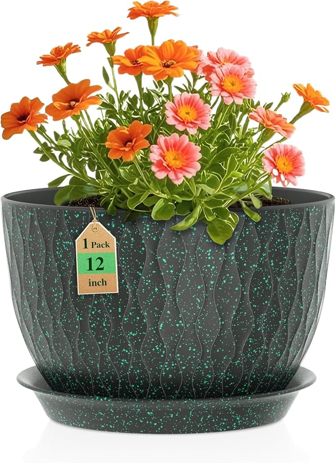 12 Inch Wide Water Ripples Flower Pots for Indoor or Outdoor Plants, Large Plant Pots with Drainage Holes & Saucer, Plastic Planters Set for Garden & Home Decor (Black with Green Speckles) WSMKSZ
