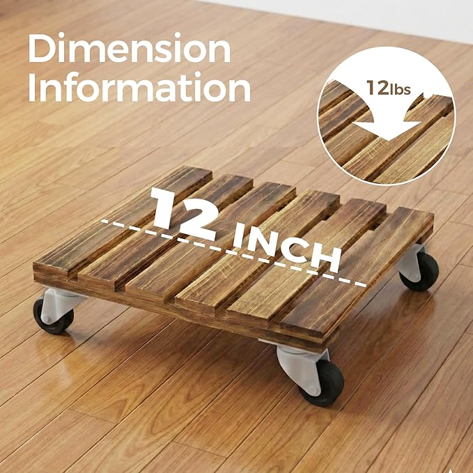 Bamworld Wood Plant Caddy with Wheels, 300lb Capacity, Heavy Duty Planter Stand with Wheels 12inch Plant Dolly 2 Pack Premium Quality, Ready to Use Bamworld