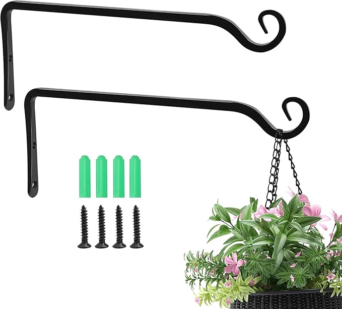 Jardim 2 Pack 10 Inch Premium Decorative Metal Iron Wall Hangers for Home Decor, Indoor Outdoor Plant Bracket Rustic Hanging Gardening Hooks for Planters, Bird Feeders, Lanterns, Wind Chimes (Black) Jardim