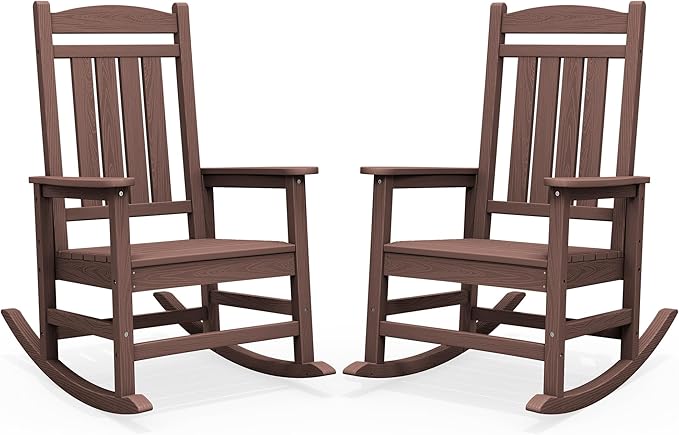 SERWALL HDPE Outdoor Rocking Chair Set of 2, Oversized Patio Rocking Chairs, All-Weather Porch Rockers for Adults, Coffee SERWALL