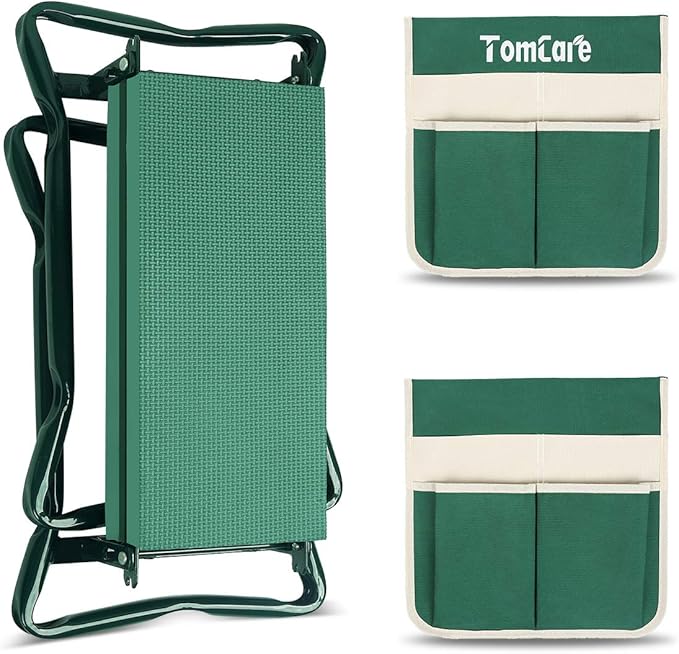 TomCare Upgraded Garden Kneeler Seat Widen Soft Kneeling Pad Garden Stools Garden Bench with 2 Large Tool Pouches Outdoor Foldable Gardening Gifts for Women Men Gardeners, Green TomCare