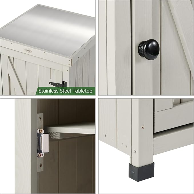 Outdoor Storage Cabinet for Patio, Garden Potting Bench Table with Shelves & Metal-Tabletop, Wooden Planting Work Station, Weatherproof HABAU