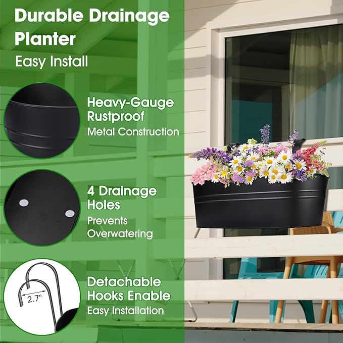 OGIMA Railing Planter Box, 3 Pack 16" Large Hanging Planters for Outdoor Plants with Adjustable Wide Hooks for 2.7'' Railings, Balcony Planters Railing Hanging for Deck, Fence & Patio Decor OGIMA