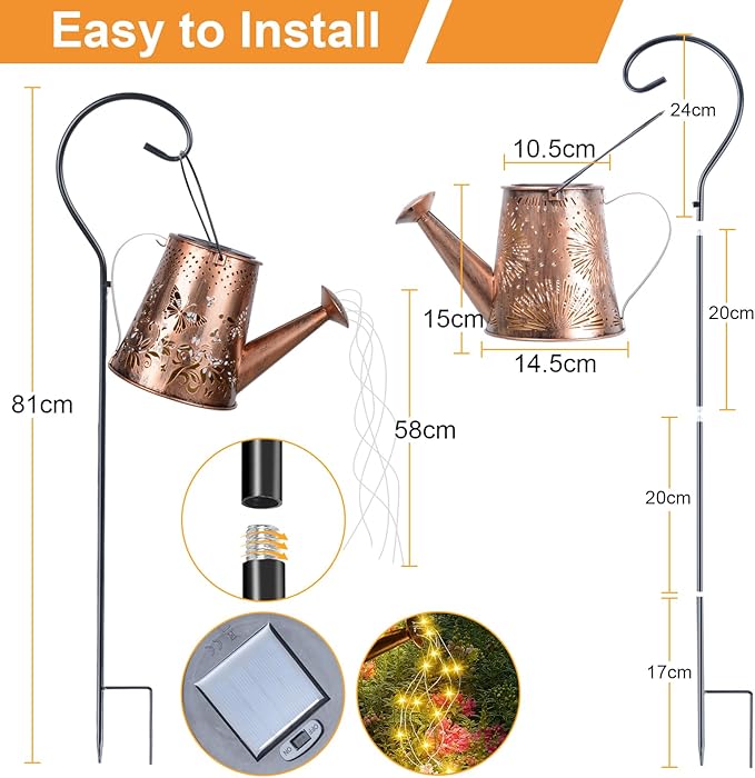 Fohil Solar Watering Can with Lights, Retro Metal Solar Garden Lights Outdoor, Waterproof Hanging Solar Powered Lantern Garden Decorations for Porch Lawn Driveway Backyard Pathway Fohil