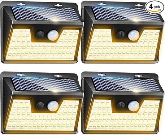 Peasur Solar Lights Outdoor Waterproof, 4Pack 140LED Solar Motion Sensor Wall Lights, 3 Modes Solar Powered Fence Security Lights for Patio Step Deck House Outside(Warm White) Peasur