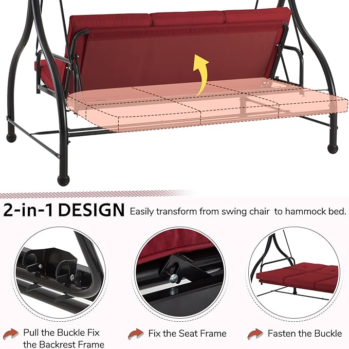U-MAX Porch Swing with Cover, Patio Swing with Adjustable Backrest&Canopy 3 Seat Outdoor Swing with Canopy 2-in-1 Convertible Patio Daybed with Removable Burgundy Cushions U-MAX