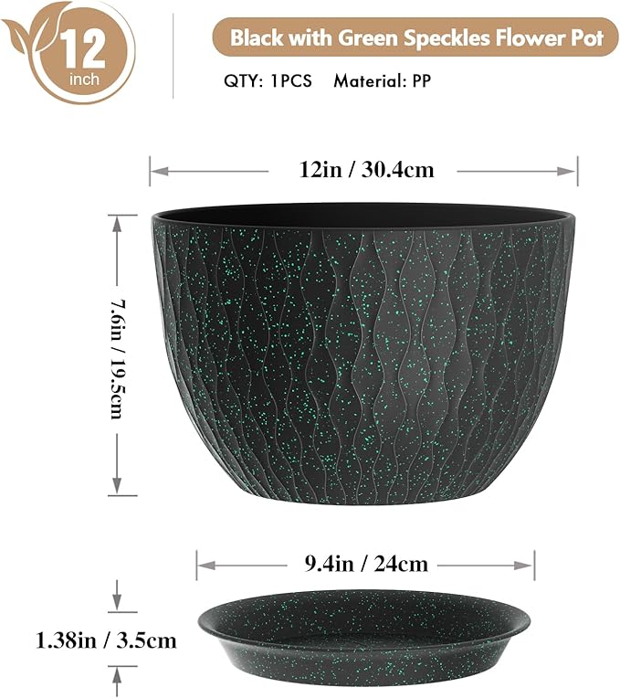 12 Inch Wide Water Ripples Flower Pots for Indoor or Outdoor Plants, Large Plant Pots with Drainage Holes & Saucer, Plastic Planters Set for Garden & Home Decor (Black with Green Speckles) WSMKSZ