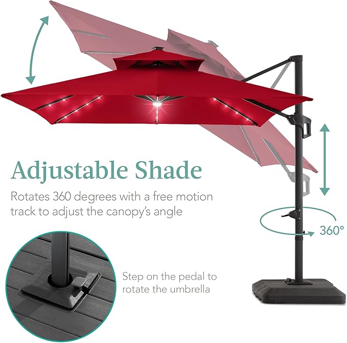 Best Choice Products 10x10ft Cantilever Patio Umbrella w/Base Included, Solar LED Lights 360 Rotation Large Offset Hanging Outdoor Shade for Deck Pool Backyard w/Stand – Red BestChoiceProducts