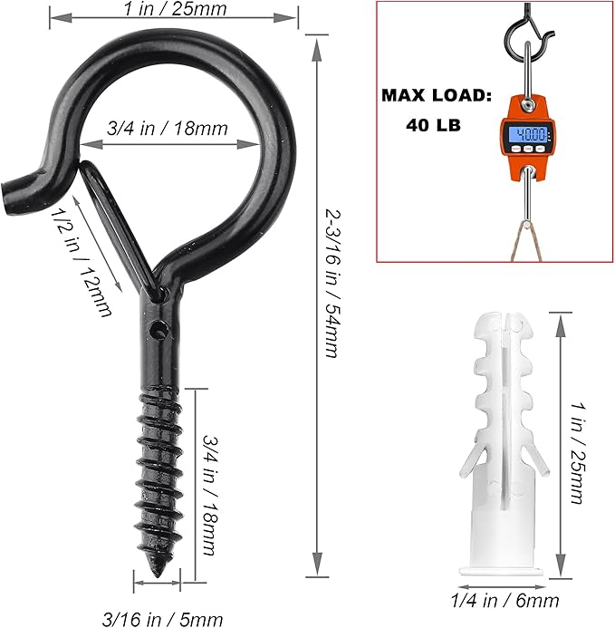 PlusRoc 60 Pack Ceiling Hooks for Hanging Plants Outdoor String Lights Heavy Duty, 2.2 Inch Eye Hook Screw in Cup Hooks Q-Hanger for Patio Lights, Wall Wood Fence Deck Mount(Black) PlusRoc
