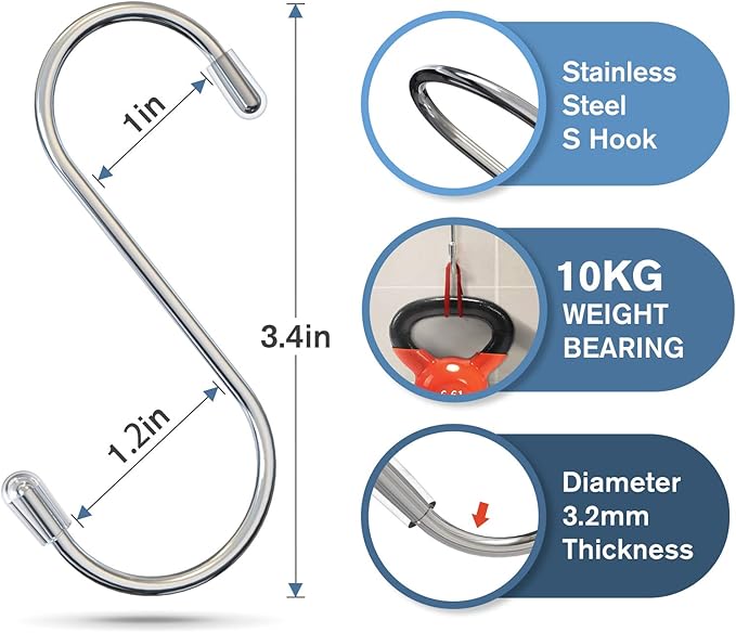 Myfolrena 20 Pack S Hooks for Hanging, 3.4 Inch Metal S Shaped Hook Heavy Duty Hanging Hooks for Pots, Pans, Plants, Bags, Cups, Clothes (Silver) Myfolrena