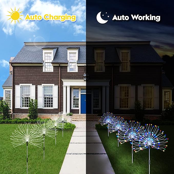 Outdoor Solar Garden Lights, 4 Pack 120 LED Copper Wire Waterproof Garden Fireworks Lamp with Remote, 8 Modes Decorative Sparkles Stake Landscape Light for Pathway Lawn Decor (Colorful) Unihoh