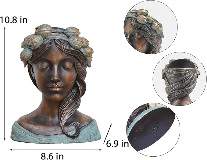 DiliComing Head Planter Face Plant Pots - 10 Inch Flower Pot Succulents Large Outdoor Planters Indoor with Drainage Resin Lady Black Statue for Garden Home Decor Porch Gift for Plant Lovers DiliComing