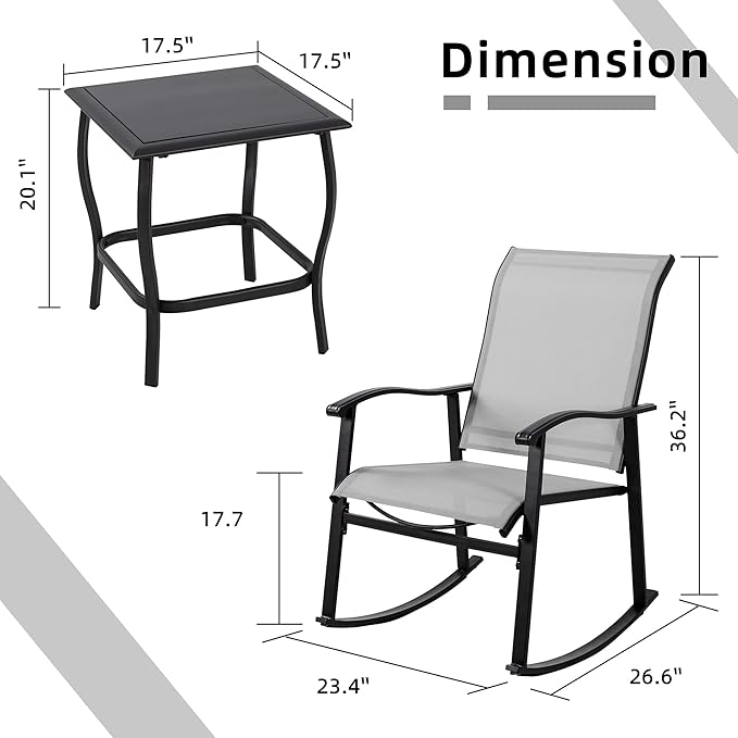 Vongrasig 3 Piece Outdoor Rocking Bistro Set, Textilene Fabric Small Patio Furniture Set, Front Porch Rocker Chairs Conversation Set with Glass Table for Lawn, Garden, Balcony, Poolside (Light Gray) Vongrasig