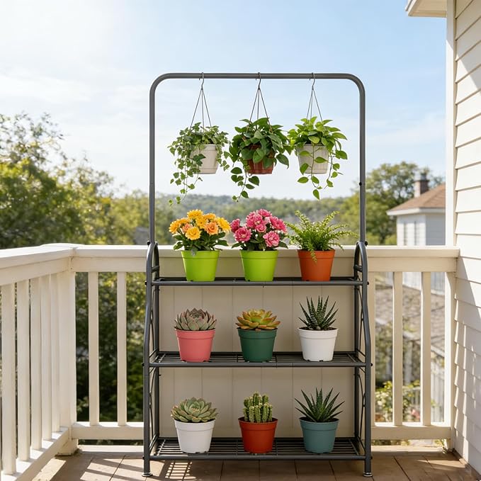 SORCEDAS Plant Stand Indoor Outdoor 3 Tier Tall Corner Hanging Plant Shelf Metal Flower Stands Ladder Plant Holder for Living Room Balcony Garden Patio Multiple Plants, Dark Grey SpecialYourHome