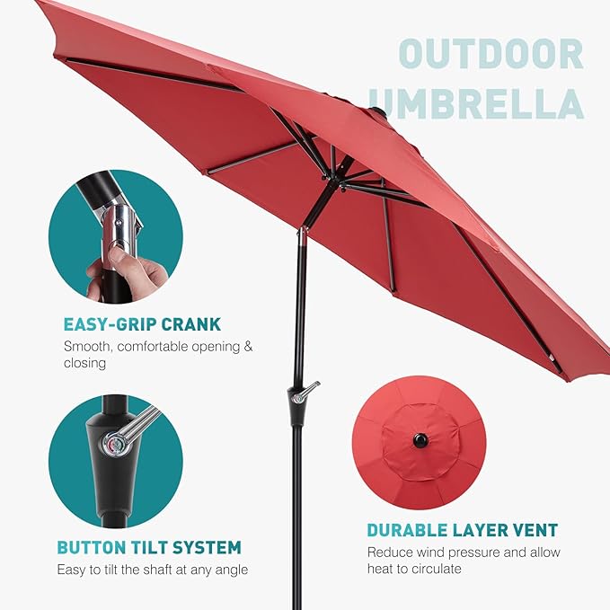 OLIXIS 9ft Patio Umbrella with Tilt and Crank Button & 8 Sturdy Ribs Waterproof, Patio Table Umbrella Perfect for Poolside, Terrace, Beach and Outdoor Restaurant, Red OLIXIS