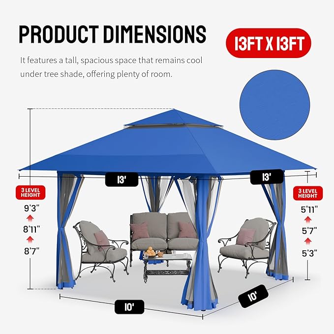 CROWN SHADES 13x13 Pop Up Gazebo, Canopy Tent, Gazebos on Clearance - Outdoor Gazebo for Backyard & Patio Furniture - Carpa Pop Up Tent with Wheeled STO-N-Go Cover Bag (Blue) CrownShades
