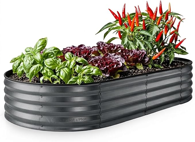 Plant & Plot Galvanized Raised Garden Beds Outdoor // 6×3×1 ft Planter Raised Beds for Gardening, Vegetables, Flowers // Large Metal Garden Box // Patented Tool-Free Design (Dark Gray) PlantPlot