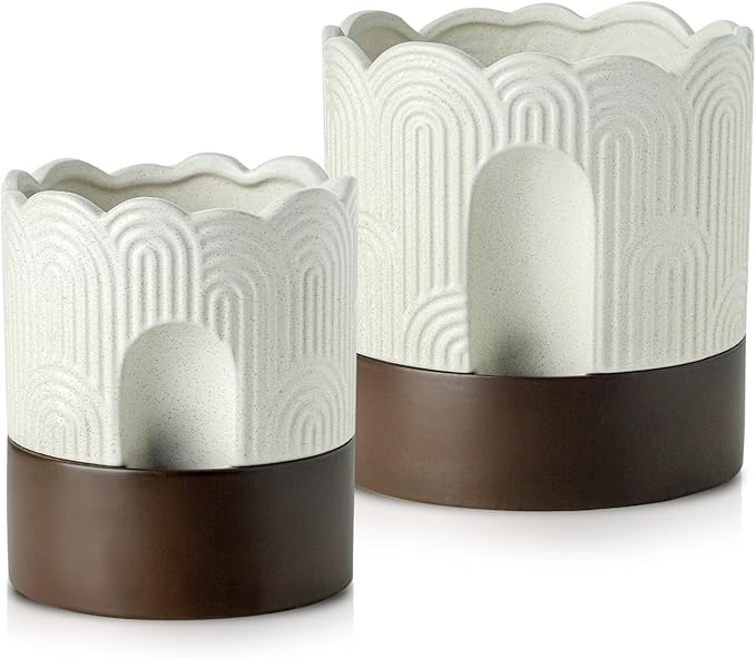 Nihow Self Watering Plant Pot Set: 6 Inch & 8 Inch Ceramic Planter with Drainage Hole & Water Storage Plus - Relief Design Self Watering Pot for Indoor Plants - Beige & Brown Flower Pot -Set of 2 Nihow