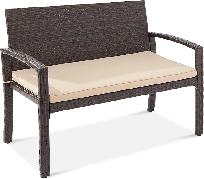 Best Choice Products Outdoor Bench 2-Person Wicker Garden Patio Benches Seating Furniture for Backyard, Porch w/Seat Cushion, 700lb Capacity - Brown/Tan BestChoiceProducts