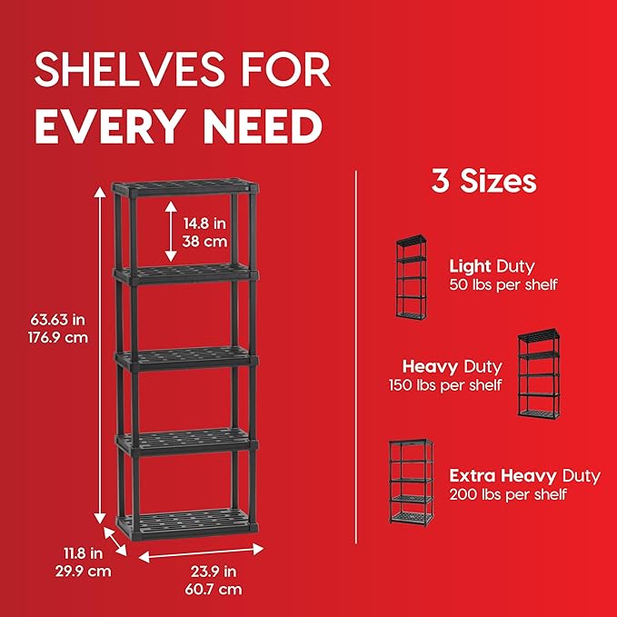 IRIS USA 5-Shelf Light Duty Plastic Storage Shelves, 250lb Capacity, 64" H x 24" W x 12" D, Medium Modular Shelving Unit Storage Organizer for Bathroom, Laundry, Garage & Home, Storage Rack - Black IRISUSA