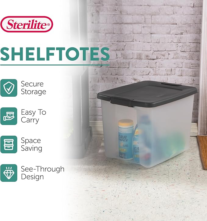 Sterilite 24-Pack ShelfTote, Clear Plastic Storage Bins with Lids, 50 Quart, Gray - Stackable Organizing Container Boxes for Closet, Bathroom, and Office Sterilite