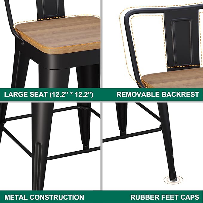 WENTMENT Bar Stools Set of 4 Counter Height Metal Barstools with Removable Back 30" Kitchen Bar Stools with Wooden Seat, Black WENTMENT