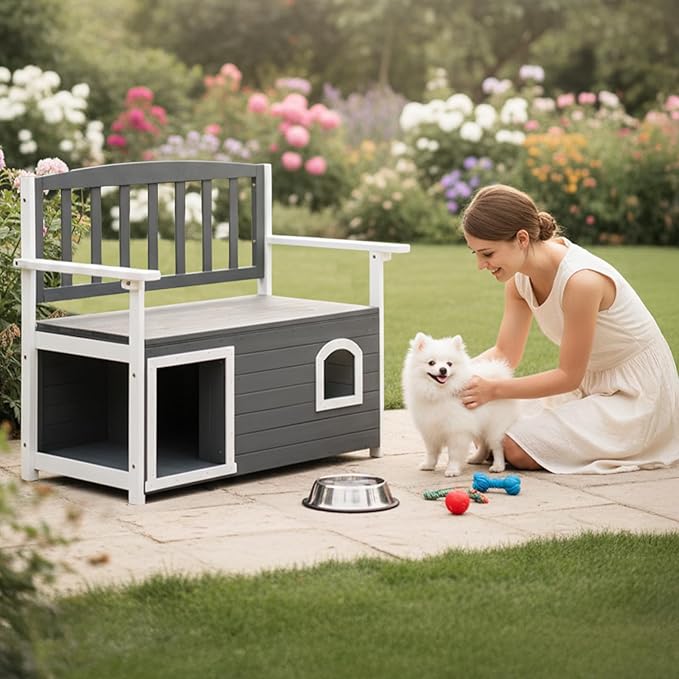 VINGLI Outdoor Storage Bench with Built-in Dog House, 2-in-1 Outdoor Waterproof Patio Bench with Pet Kennel for Patio Backyard Porch (Gray) VINGLI