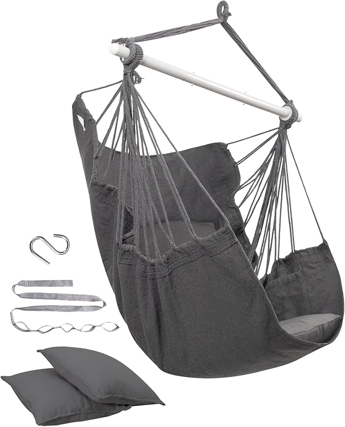 MIZTLI Hammock Chair Hanging Chair Swing Chair Hanging Chair for Bedroom Indoor Outdoor- Max 500 Lbs－Steel Spreader Bar with Anti-Slip Rings, 2 Cushions MIZTLI