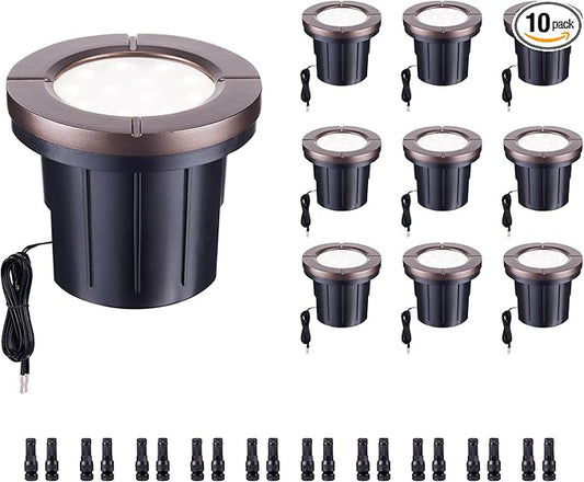 Low Voltage Well Lights LED, Bright 12V Landscape Lights Outdoor IP67 Waterproof, 4" Wired in-Grade Uplights Aluminum ORB for Path Yard 6W 580LM 10 Pack Varmtalys