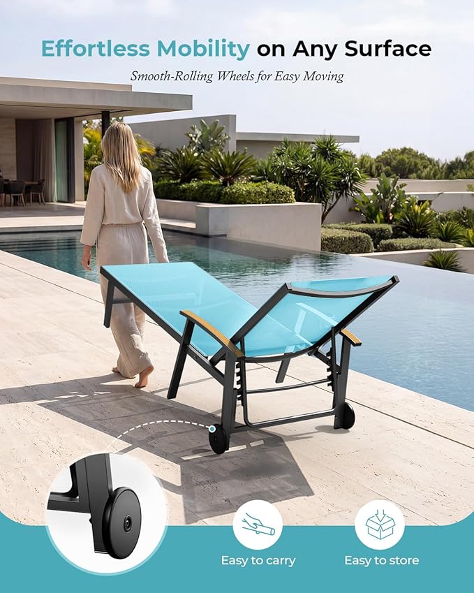 Ciokea Outdoor Lounge Chair with Pillow, 5-Position Aluminum Chaise Lounge with Wheels & Armrests, 400 lbs Heavy Duty Patio Pool Chair for Deck, Backyard, Beach & Poolside, Lake Blue CIOKEA
