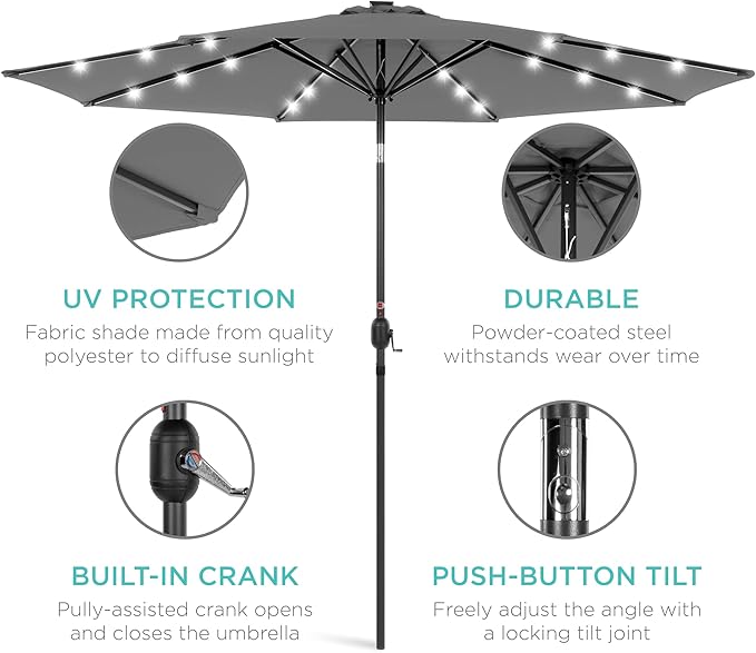 Best Choice Products 10ft Solar Polyester LED Lighted Patio Umbrella w/Tilt Adjustment and UV-Resistant Fabric BestChoiceProducts