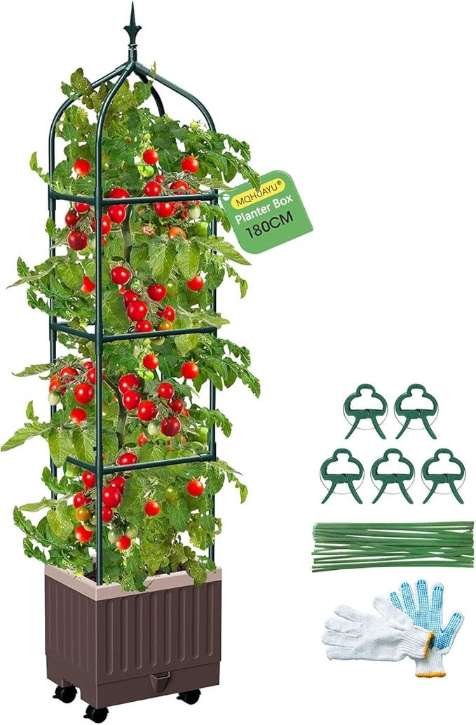Raised Garden Bed Planter Boxes with Trellis,1pcs 70.9"Self-Watering Tomato Planter Boxes with Trellis for Climbing Vegetables Plants Flowers Tomato with Wheels,Use for Indoor Outdoor (Brown) MQHUAYU