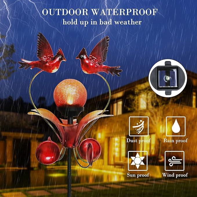 VCUTEKA Cardinal Solar Lights Outdoor Metal Garden Stake Waterproof Crackle Glass Globe Garden Decor Cardinal for Pathway, Lawn, Patio, Yard VCUTEKA
